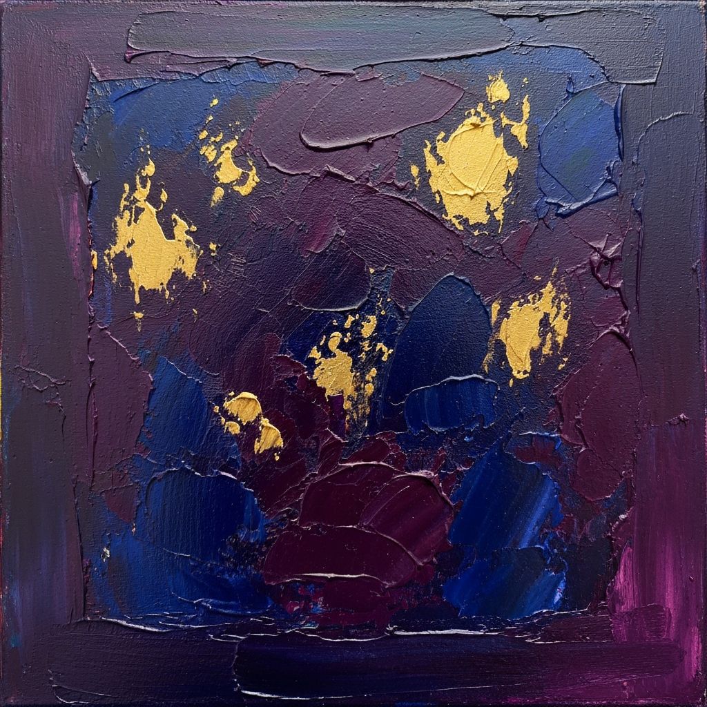 Abstract acrylic painting with rich dark purple, blue, and gold textures