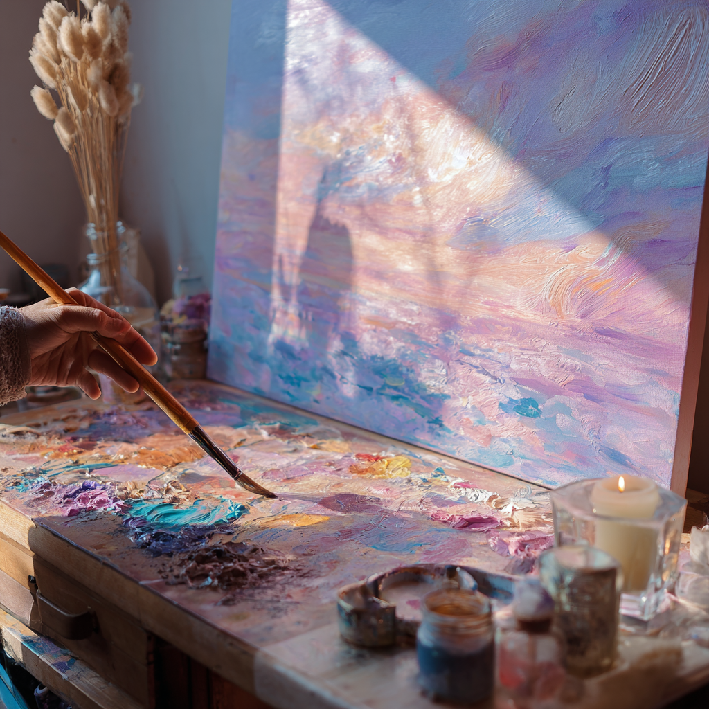 Close-up of hands painting with soft colors on canvas, palette with mixed paints, candle and dried flowers