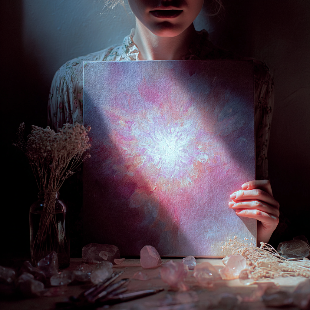 Woman holding luminous painting with light emanating from heart center