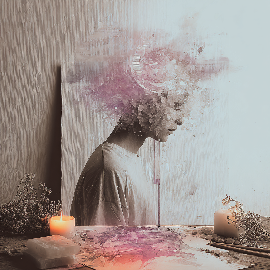 Artistic representation of a woman's silhouette dissolving into soft pink watercolor clouds, with painting materials in the foreground