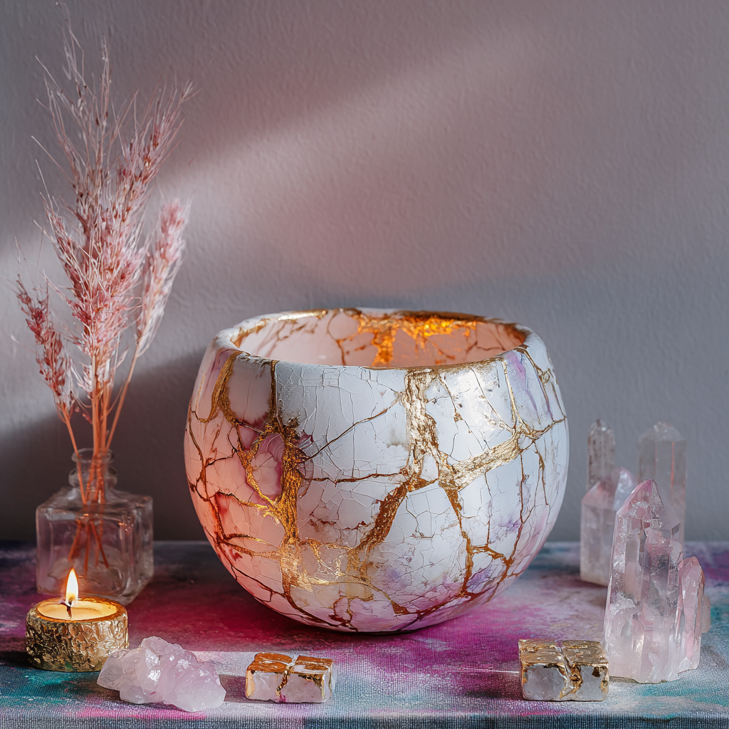 Kintsugi bowl with gold-filled cracks surrounded by crystals, candles, and dried flowers