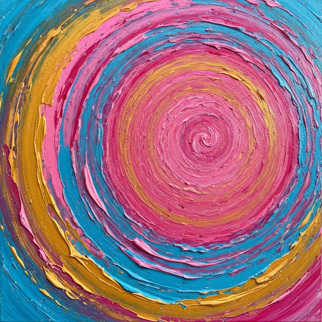 Intuitive abstract painting with layered pink, blue, and gold
